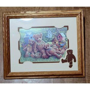 Teddy Bear Print Framed Janet Kruskamp Birdhouses 10" x 11.5"